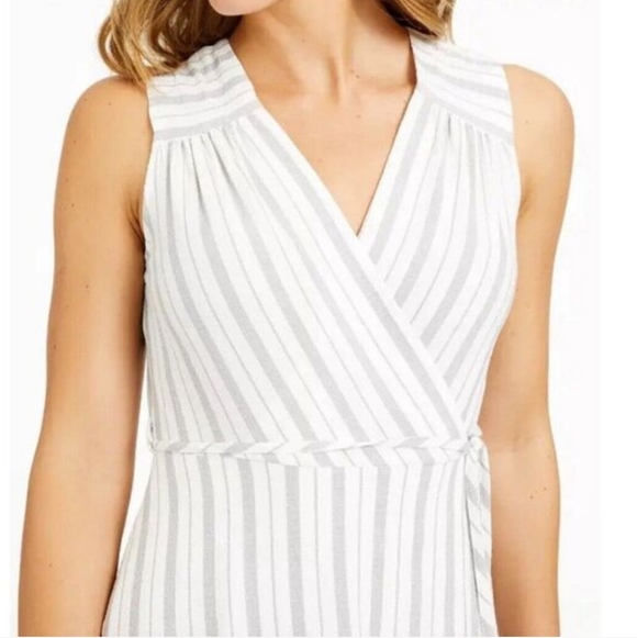 Calvin Klein White Grey Faux-Wrap Striped A-Line Maxi Dress Size 10 NWOT'S - Picture 5 of 13
